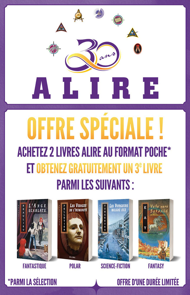Vous pourrez choisir parmi ces quatre titres d&rsquo;auteurs et autrices phares de notre catalogue&nbsp;: Les Visages de l&rsquo;humanit&eacute; de Jean-Jacques Pelletier, L&rsquo;Ange &eacute;carlate de Natasha Beaulieu, Voile vers Sarance de Guy Gavriel Kay et Les Voyageurs malgr&eacute; eux d&rsquo;&Eacute;lisabeth Vonarburg.